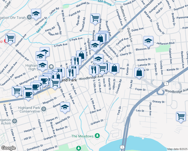 map of restaurants, bars, coffee shops, grocery stores, and more near 103 Woodbridge Avenue in Highland Park