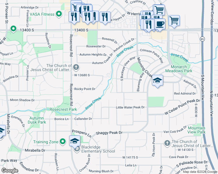 map of restaurants, bars, coffee shops, grocery stores, and more near 5350 Silver Spot Court in Riverton