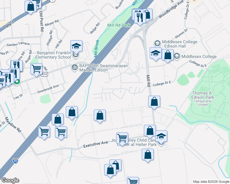 map of restaurants, bars, coffee shops, grocery stores, and more near 257 College Drive in Edison