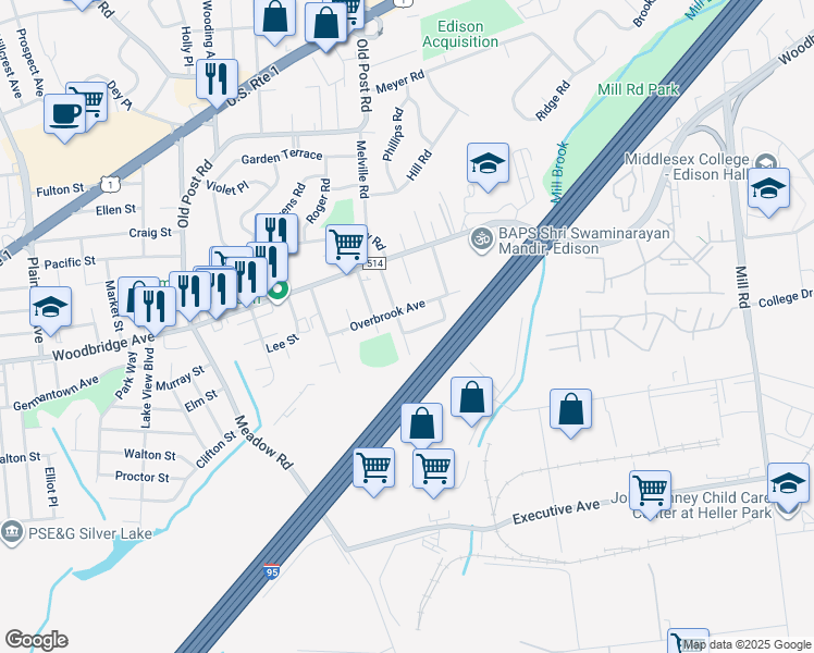 map of restaurants, bars, coffee shops, grocery stores, and more near 74 Briar Avenue in Edison
