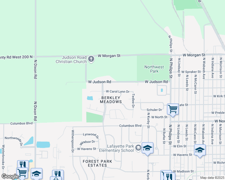 map of restaurants, bars, coffee shops, grocery stores, and more near 1836 West Carol Lynn Drive in Kokomo