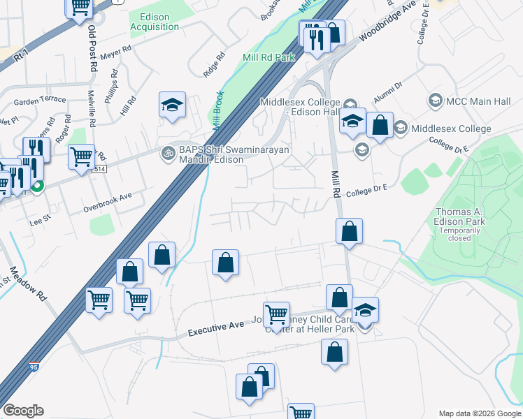 map of restaurants, bars, coffee shops, grocery stores, and more near 257 College Drive in Edison