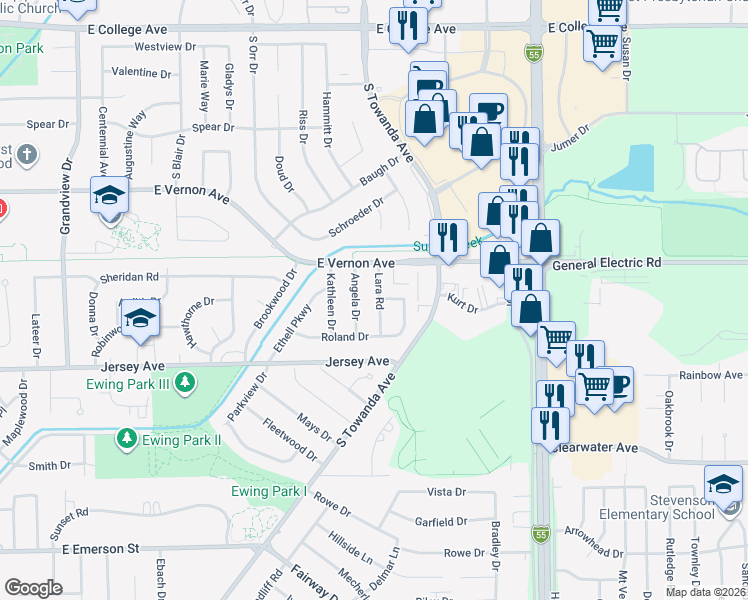 map of restaurants, bars, coffee shops, grocery stores, and more near 711 Lara Road in Normal