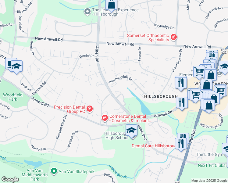 map of restaurants, bars, coffee shops, grocery stores, and more near 3626 Royce Court in Hillsborough Township
