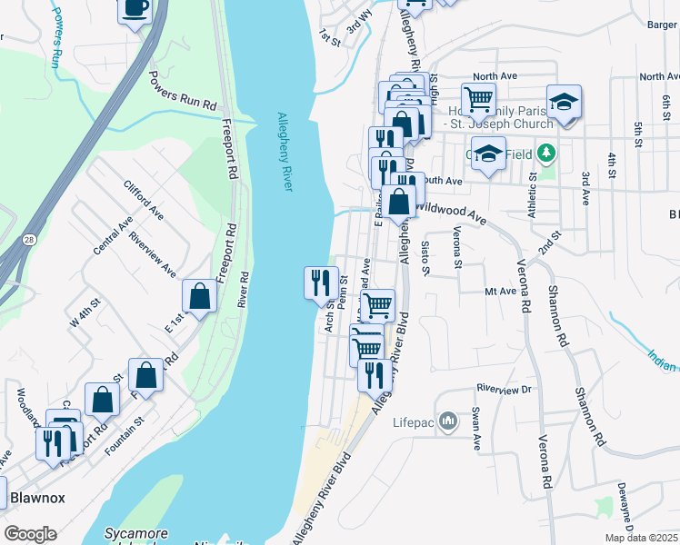 map of restaurants, bars, coffee shops, grocery stores, and more near 424 Penn Street in Verona
