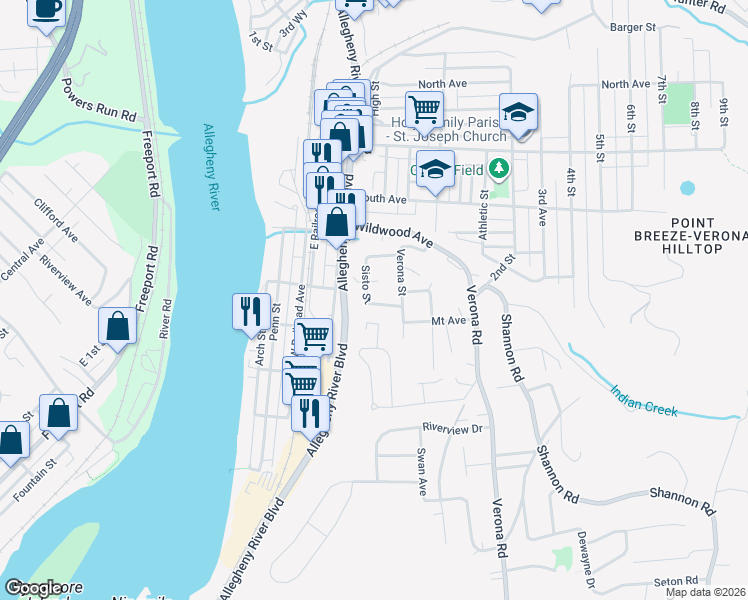 map of restaurants, bars, coffee shops, grocery stores, and more near 1211 Rinaldi Street in Verona