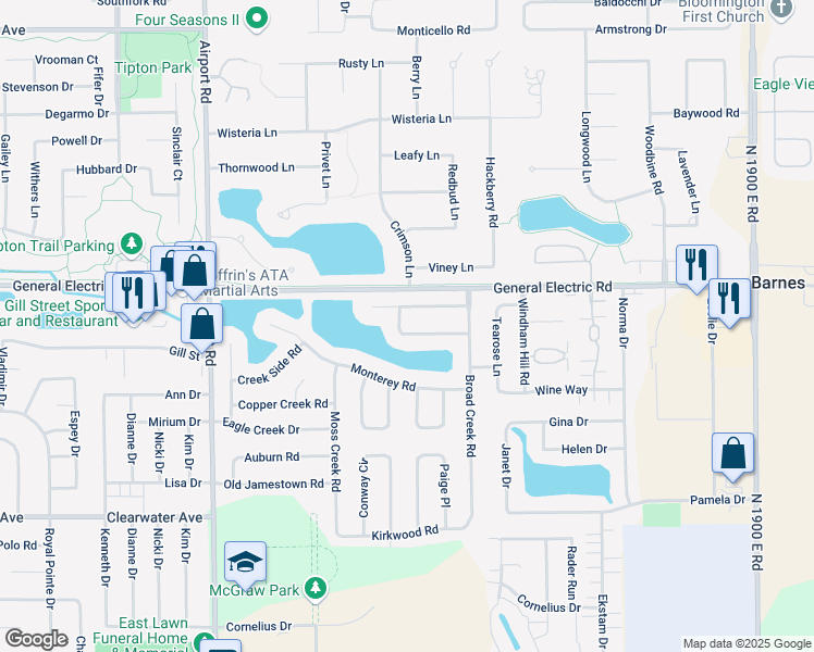 map of restaurants, bars, coffee shops, grocery stores, and more near 3303 Golden Eagle Road in Bloomington