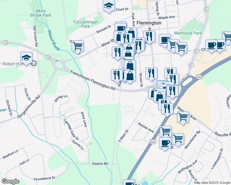 map of restaurants, bars, coffee shops, grocery stores, and more near 42 New Jersey 12 in Flemington