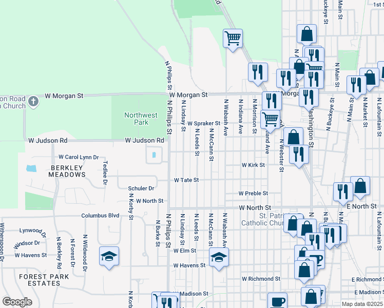 map of restaurants, bars, coffee shops, grocery stores, and more near 1115 West Lordeman Street in Kokomo