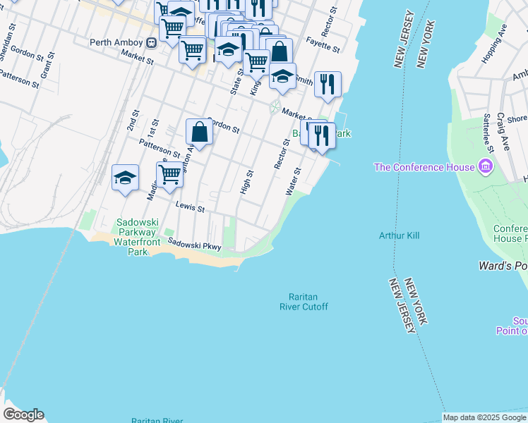 map of restaurants, bars, coffee shops, grocery stores, and more near 114 Rector Street in Perth Amboy