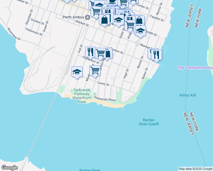 map of restaurants, bars, coffee shops, grocery stores, and more near 117 Lewis Street in Perth Amboy