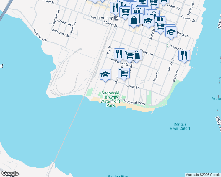 map of restaurants, bars, coffee shops, grocery stores, and more near 61 Madison Avenue in Perth Amboy