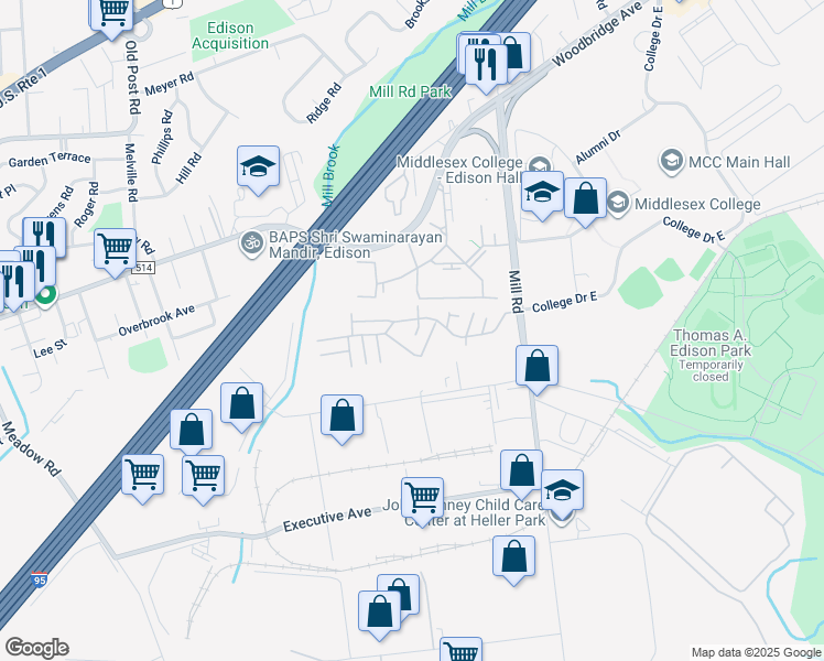 map of restaurants, bars, coffee shops, grocery stores, and more near 154 College Drive in Edison