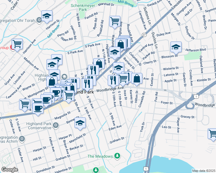 map of restaurants, bars, coffee shops, grocery stores, and more near 73 Woodbridge Avenue in Highland Park