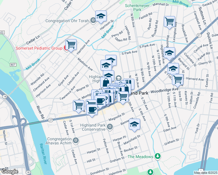 map of restaurants, bars, coffee shops, grocery stores, and more near 121 North 4th Avenue in Highland Park