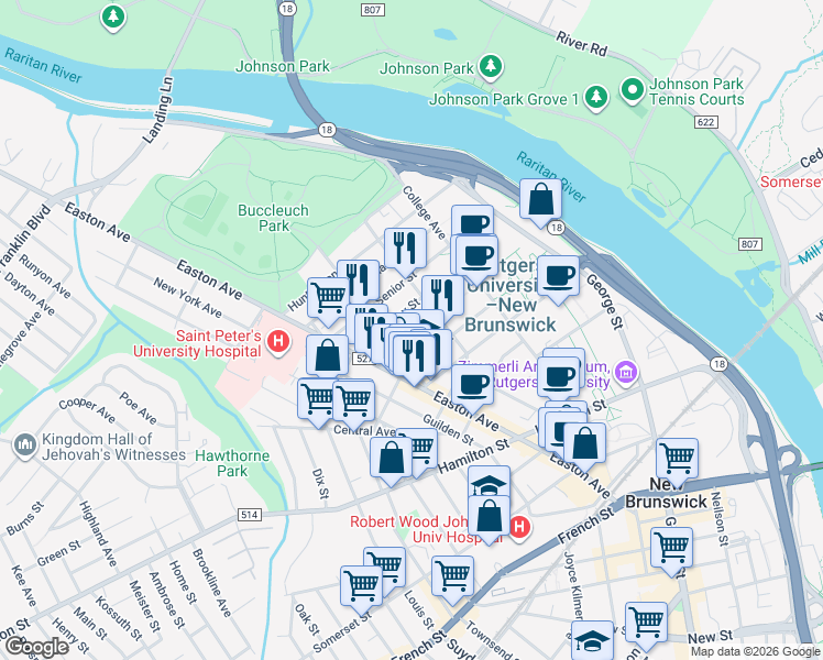 map of restaurants, bars, coffee shops, grocery stores, and more near 55 Morrell Street in New Brunswick