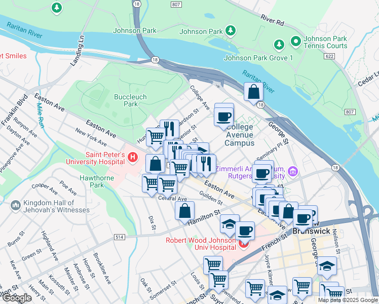 map of restaurants, bars, coffee shops, grocery stores, and more near 55 Morrell Street in New Brunswick