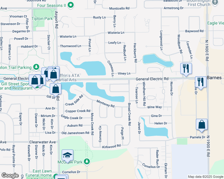 map of restaurants, bars, coffee shops, grocery stores, and more near 3303 Golden Eagle Road in Bloomington