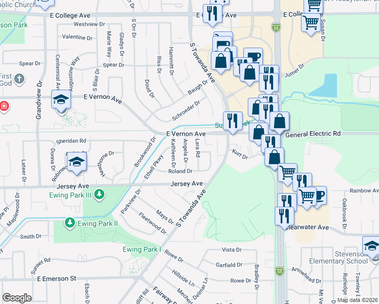 map of restaurants, bars, coffee shops, grocery stores, and more near 711 Lara Road in Normal