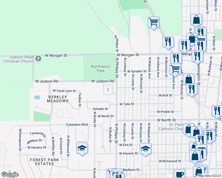 map of restaurants, bars, coffee shops, grocery stores, and more near 1606 Hutchins Drive in Kokomo