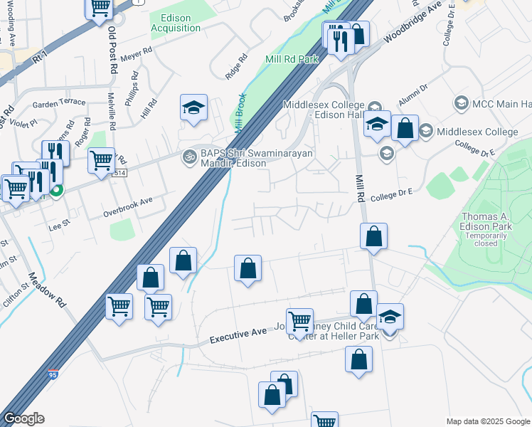 map of restaurants, bars, coffee shops, grocery stores, and more near 257 College Drive in Edison