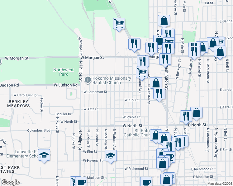 map of restaurants, bars, coffee shops, grocery stores, and more near 823 West Lordeman Street in Kokomo