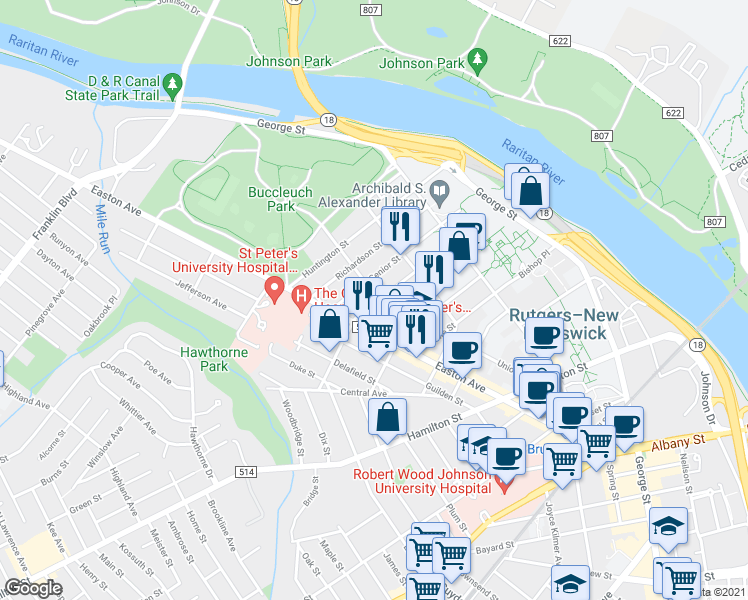 map of restaurants, bars, coffee shops, grocery stores, and more near 48 Wyckoff Street in New Brunswick