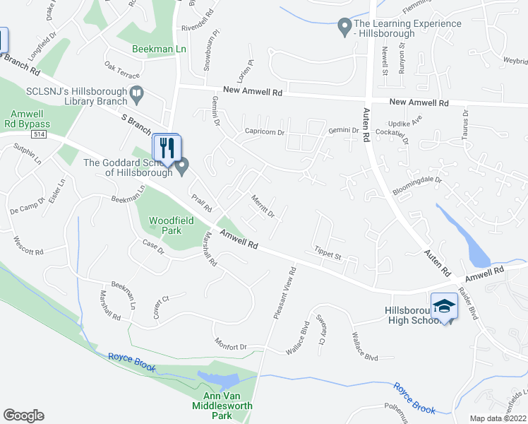 map of restaurants, bars, coffee shops, grocery stores, and more near 914B Merritt Drive in Somerset County