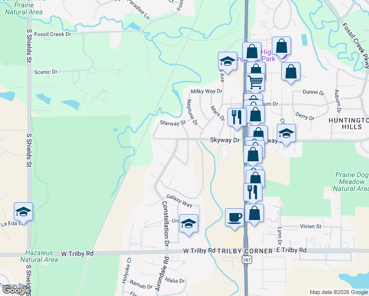 map of restaurants, bars, coffee shops, grocery stores, and more near 6125 Polaris Drive in Fort Collins