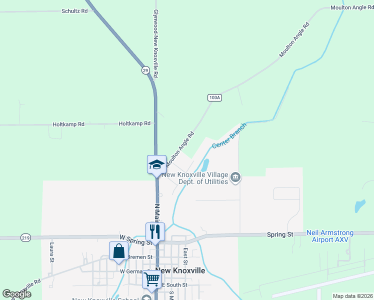 map of restaurants, bars, coffee shops, grocery stores, and more near 7166 Moulton Angle Rd in New Knoxville
