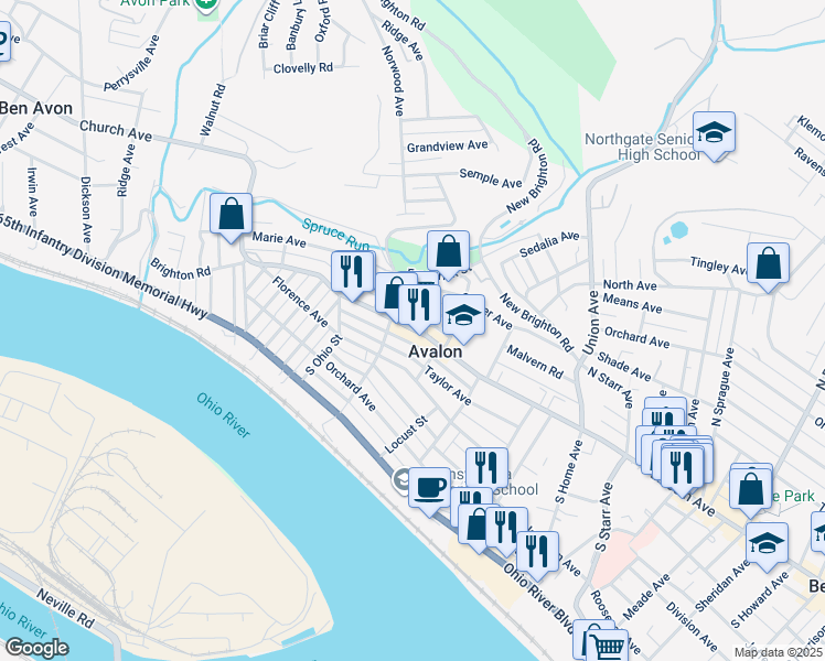 map of restaurants, bars, coffee shops, grocery stores, and more near 624 California Avenue in Pittsburgh