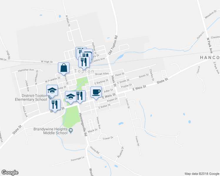 map of restaurants, bars, coffee shops, grocery stores, and more near 120 East Smith Street in Topton