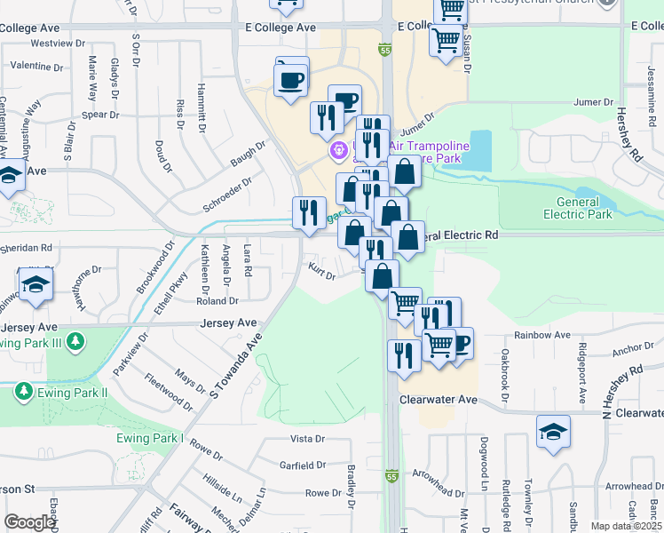 map of restaurants, bars, coffee shops, grocery stores, and more near 1406 Kurt Drive in Bloomington