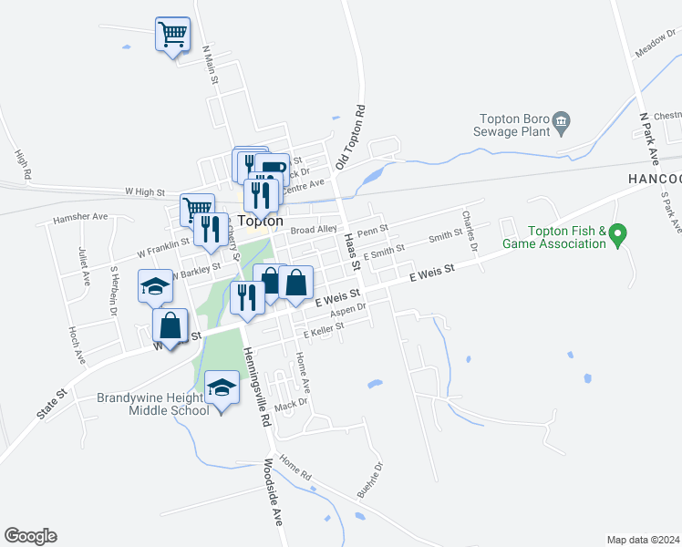 map of restaurants, bars, coffee shops, grocery stores, and more near 120 East Smith Street in Topton