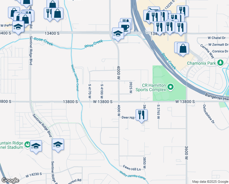map of restaurants, bars, coffee shops, grocery stores, and more near 4026 Deerhorn Court in Riverton