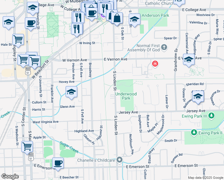 map of restaurants, bars, coffee shops, grocery stores, and more near 905 South Linden Street in Normal