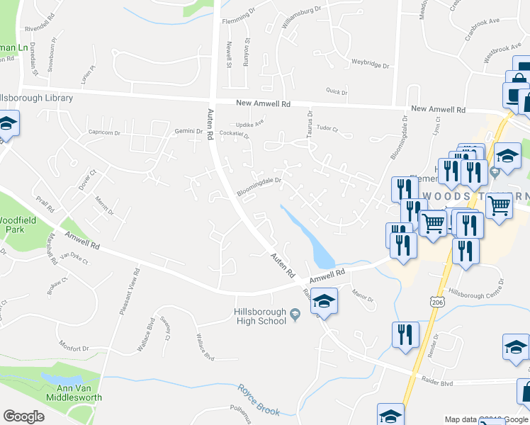 map of restaurants, bars, coffee shops, grocery stores, and more near 3612 Royce Court in Hillsborough Township
