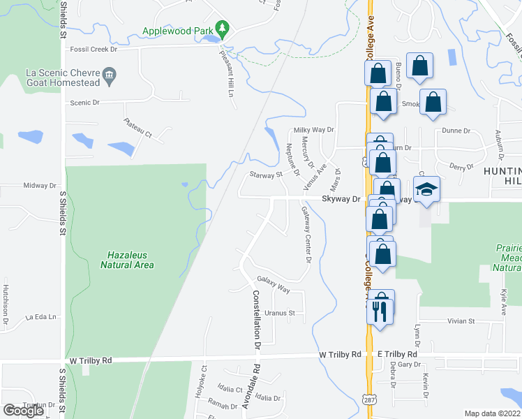 map of restaurants, bars, coffee shops, grocery stores, and more near 412 Orion Court in Fort Collins