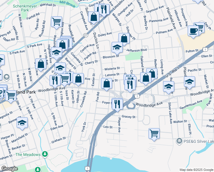 map of restaurants, bars, coffee shops, grocery stores, and more near 14 North Riverview Avenue in Edison