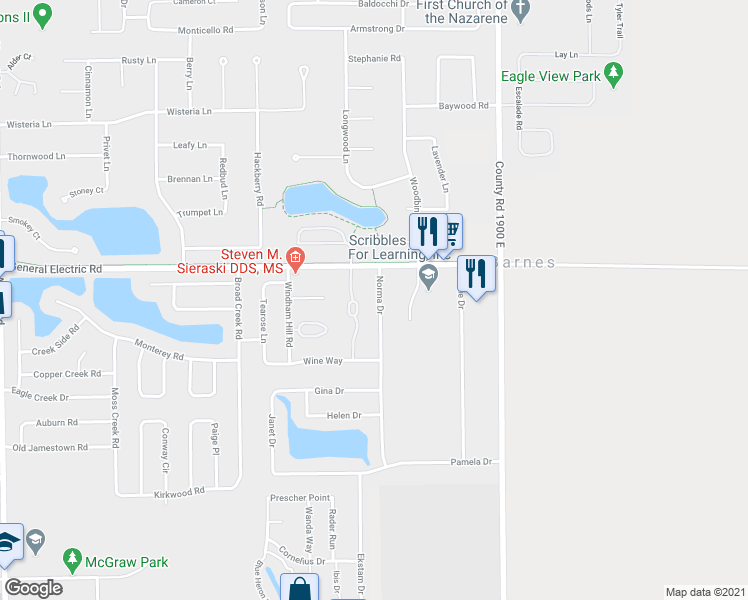 map of restaurants, bars, coffee shops, grocery stores, and more near 1418 Norma Drive in Bloomington