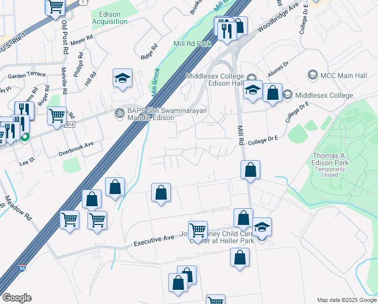 map of restaurants, bars, coffee shops, grocery stores, and more near 154 College Drive in Edison