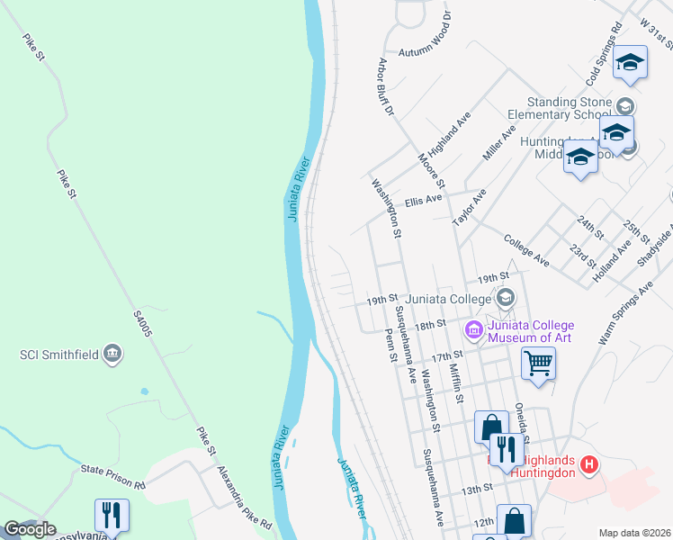 map of restaurants, bars, coffee shops, grocery stores, and more near 7 20th Street in Huntingdon