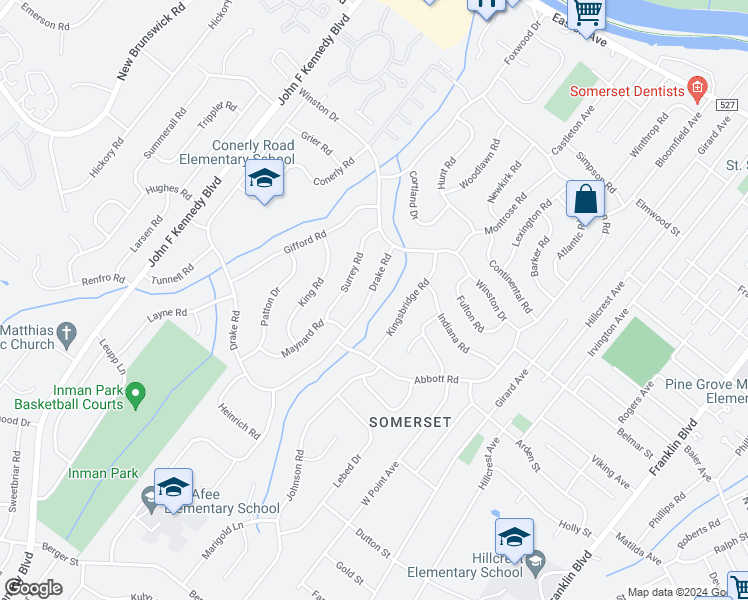 map of restaurants, bars, coffee shops, grocery stores, and more near 17 Drake Road in Franklin Township