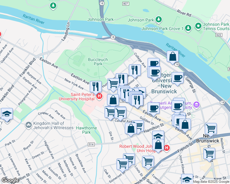 map of restaurants, bars, coffee shops, grocery stores, and more near 103 Senior Street in New Brunswick