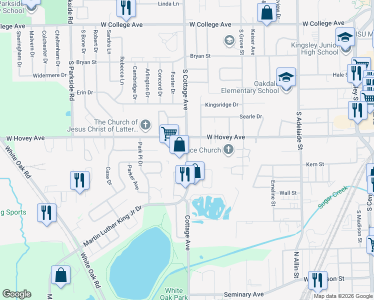map of restaurants, bars, coffee shops, grocery stores, and more near 925 South Cottage Avenue in Normal