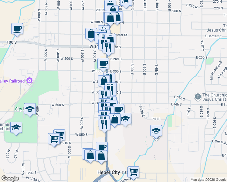 map of restaurants, bars, coffee shops, grocery stores, and more near 67 East 500 South in Heber City