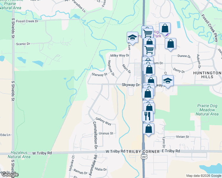 map of restaurants, bars, coffee shops, grocery stores, and more near 6125 Polaris Drive in Fort Collins