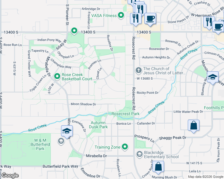 map of restaurants, bars, coffee shops, grocery stores, and more near 13789 South Harness Cove in Herriman