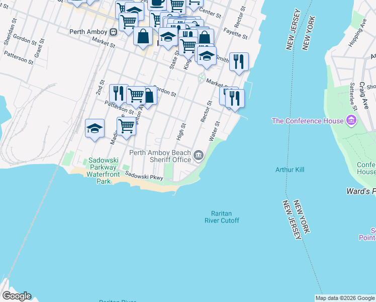 map of restaurants, bars, coffee shops, grocery stores, and more near 114 Rector Street in Perth Amboy
