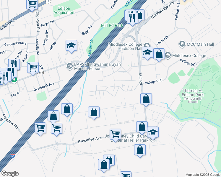 map of restaurants, bars, coffee shops, grocery stores, and more near 154 College Drive in Edison